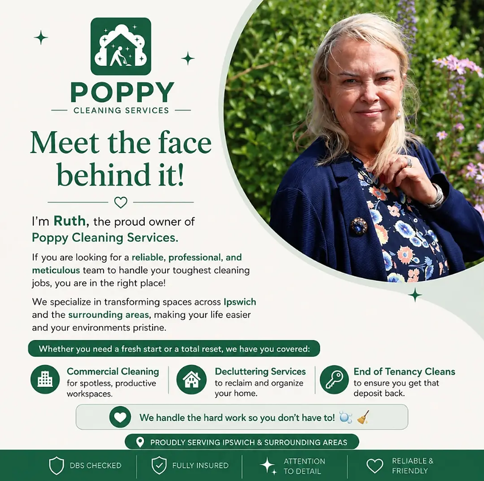 Meet Ruth, the owner of Poppy Cleaning Services Ipswich — reliable, professional and meticulous cleaning across Ipswich and surrounding areas